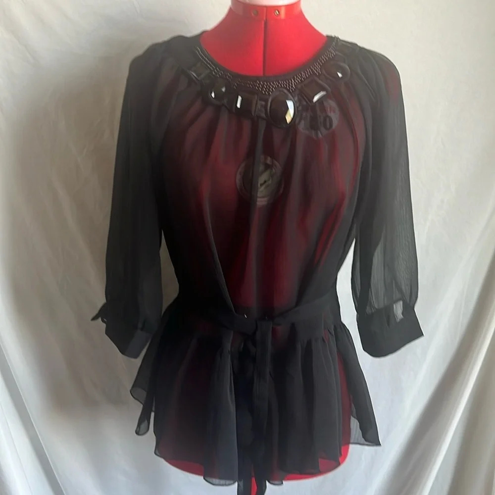 Aziz Sheer Blouse Gem Neckline Large 3/4 Sleeves